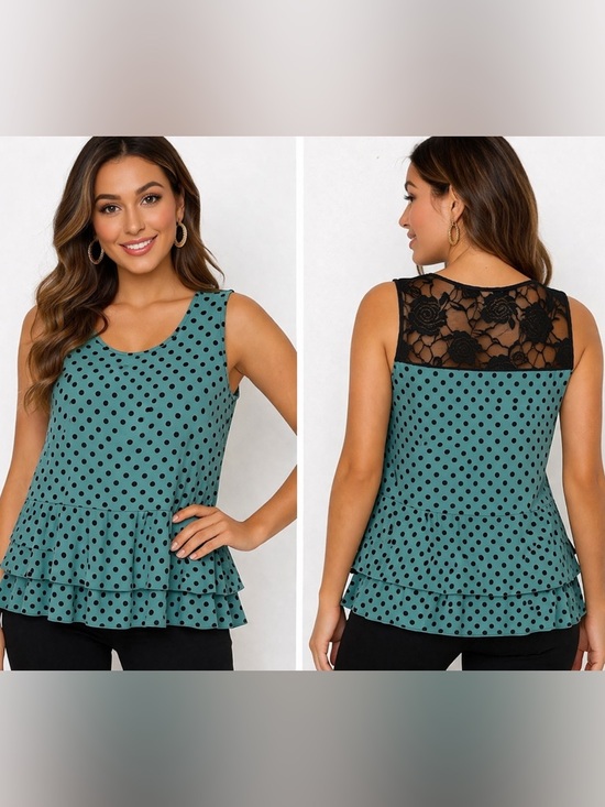 Cato Tops - Cato Teal Polka Dot Peplum Top XL Lace Back Ruffle Hem Sleeveless Blouse